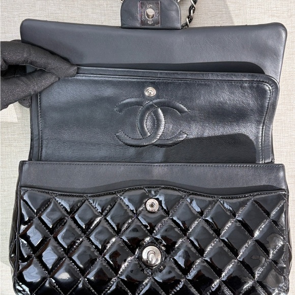 SOLD - CHANEL Black Patent Leather Classic Flap Medium SHW - Picture 12 of 17